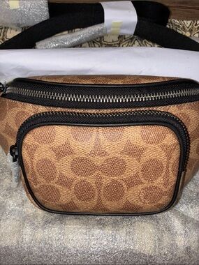 COACH Brown Signature-Pattern Waist Bag with Front Zip Pocket